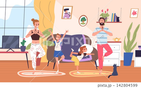 Family yoga. Parents with children do stretching exercises together home room interior, meditation relax wellness health relaxation pose morning workout scene vector illustration Family yoga. Parents with children do stretching exercises together home room interior, meditation relax wellness health relaxation pose morning workout scene vector illustration 142804599