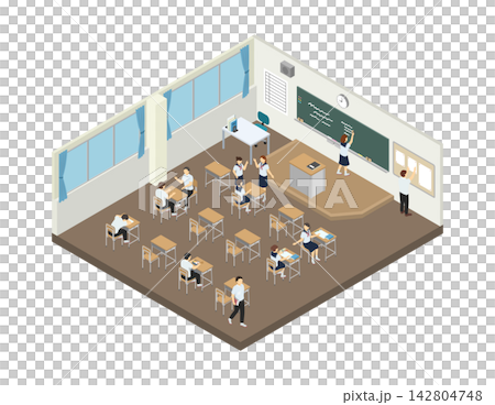 Isometric illustration: Classroom during recess (middle school students in summer uniforms) Isometric illustration: Classroom during recess (middle school students in summer uniforms) 142804748