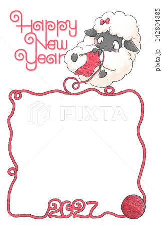 編み物をする羊の2027年用年賀状イラスト 142804885