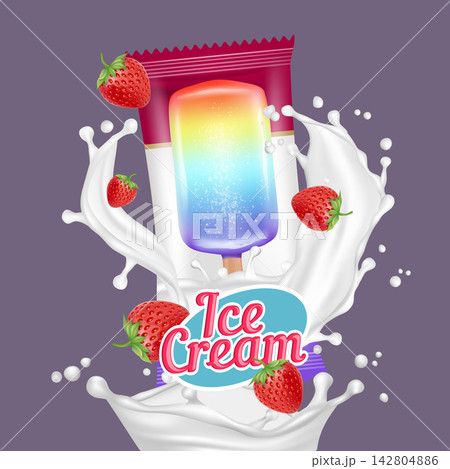 Rainbow popsicle package design with strawberries and milk splash vector illustration 142804886