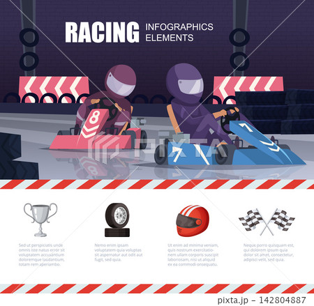 RACING INFOGRAPHICS ELEMENTS with karting racers on track trophy helmet and checkered flags vector template 142804887