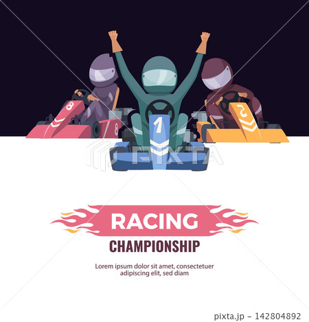 RACING CHAMPIONSHIP poster with winning karting racer raising arms and three karts vector template RACING CHAMPIONSHIP poster with winning karting racer raising arms and three karts vector template 142804892