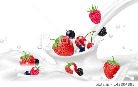 Milk splash with strawberries raspberry blackberry cherry and berries realistic vector background 142804895
