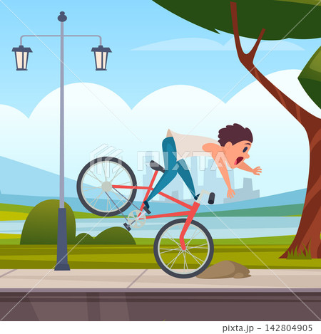 Cyclist falling over handlebars after front wheel hits stone on park sidewalk cartoon vector illustration Cyclist falling over handlebars after front wheel hits stone on park sidewalk cartoon vector illustration 142804905