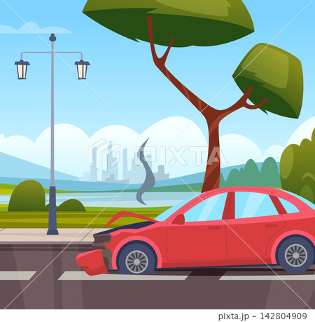 Crashed red sedan with smoking engine and broken bumper on city road cartoon vector background 142804909