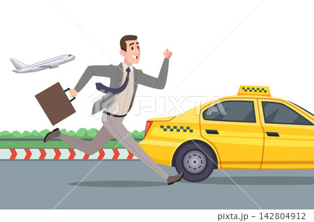 Businessman with briefcase running to yellow taxi at airport with taking off plane cartoon vector illustration Businessman with briefcase running to yellow taxi at airport with taking off plane cartoon vector illustration 142804912