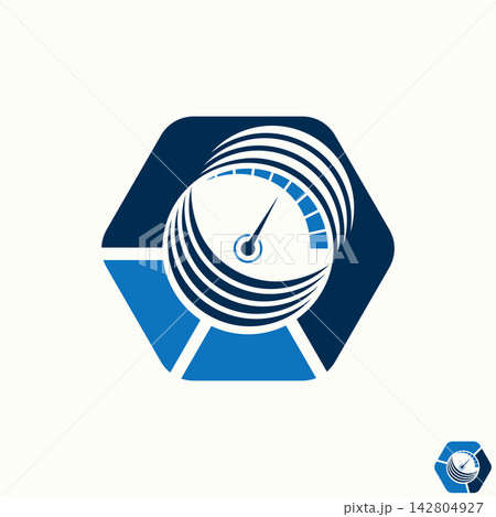 Modern speed emblem featuring a gauge dial inside a hexagon frame, symbolizing fast performance, automotive service, and motion efficiency express. Modern speed emblem featuring a gauge dial inside a hexagon frame, symbolizing fast performance, automotive service, and motion efficiency express. 142804927