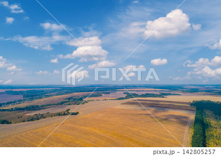 Rural landscape with a beautiful sky. Aerial view. View of plowed and green fields, and village in summer Rural landscape with a beautiful sky. Aerial view. View of plowed and green fields, and village in summer 142805257