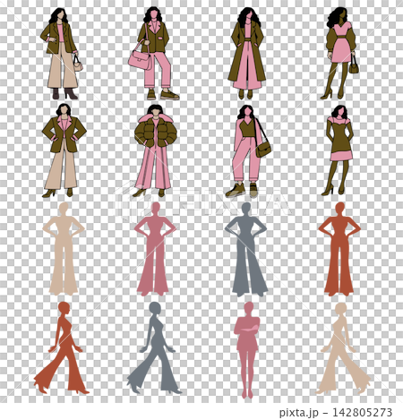 The image shows a digital fashion illustration sheet featuring diverse female outfits, silhouettes, and poses in a retro-inspired pink, brown, and blue color palette 142805273