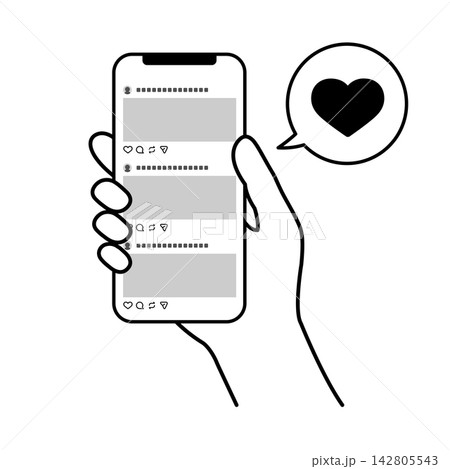 スマホでSNSの投稿にいいねを押す手元イラスト スマホでSNSの投稿にいいねを押す手元イラスト 142805543