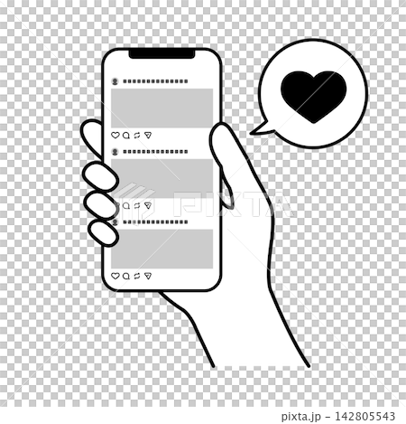 Illustration of a hand pressing the "like" button on a social media post using a smartphone. Illustration of a hand pressing the "like" button on a social media post using a smartphone. 142805543