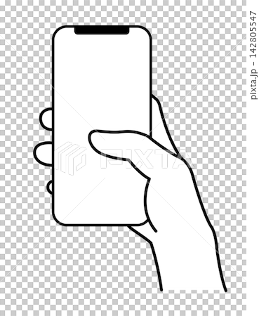 Illustration of a hand holding a smartphone in one hand. Illustration of a hand holding a smartphone in one hand. 142805547