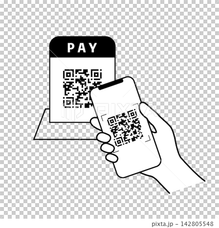 Illustration of a person holding their smartphone over a QR code in a store to make a payment. Illustration of a person holding their smartphone over a QR code in a store to make a payment. 142805548