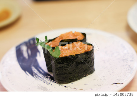 Japan April 29 2026 Sea urchin gunkan sushi close up Japan April 29 2026 Sea urchin gunkan sushi close up 142805739