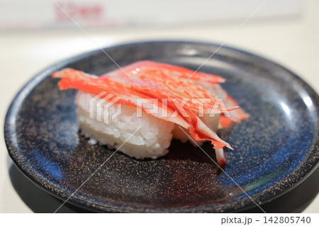 Japan April 29 2026 Crab nigiri sushi on dark plate Japan April 29 2026 Crab nigiri sushi on dark plate 142805740