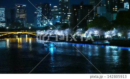 川辺を彩るライトアップされた満開の夜桜 142805913