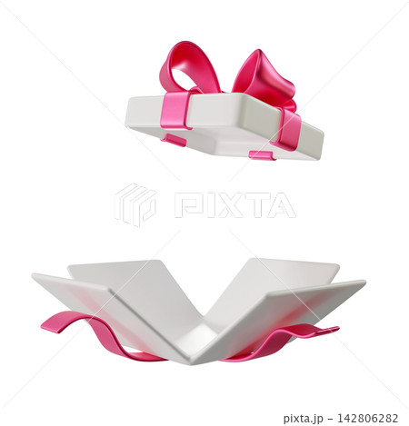 3D White Open Gift Box with a Pink Ribbon and Bow. A stylized icon perfect for Holiday, Birthday, Weddings or Christmas. Ideal for greeting cards and promotional materials. 3D rendering 3D White Open Gift Box with a Pink Ribbon and Bow. A stylized icon perfect for Holiday, Birthday, Weddings or Christmas. Ideal for greeting cards and promotional materials. 3D rendering 142806282