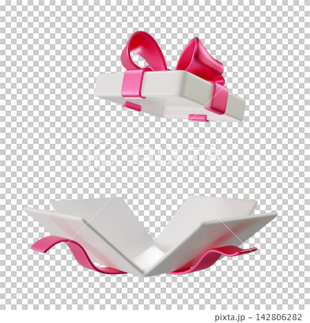 3D White Open Gift Box with a Pink Ribbon and Bow. A stylized icon perfect for Holiday, Birthday, Weddings or Christmas. Ideal for greeting cards and promotional materials. 3D rendering 3D White Open Gift Box with a Pink Ribbon and Bow. A stylized icon perfect for Holiday, Birthday, Weddings or Christmas. Ideal for greeting cards and promotional materials. 3D rendering 142806282