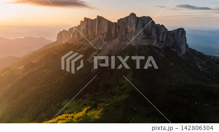 Aerial view of national park Bolshoy Tkhach mountain in Caucasus with sunset tones 142806304