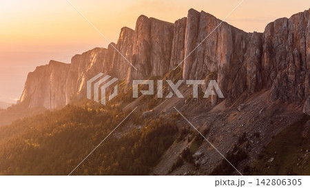 Panoramic above view of national park Bolshoy Tkhach mountain in Caucasus with sunset tones 142806305