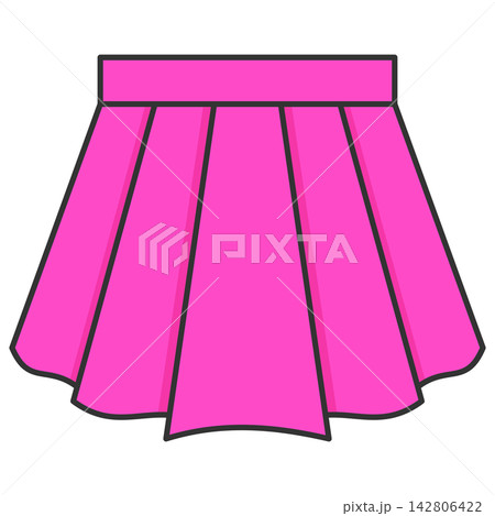 Flat style icon illustration of a bright pink pleated short skirt isolated on transparent background. Colorful graphic design element clip art for female fashion assets. 142806422