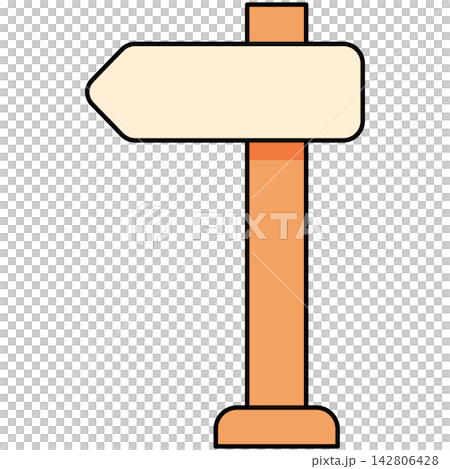 Flat style icon illustration of single arrow directional wooden signpost isolated on transparent background. Graphic design element clip art for navigation assets. 142806428