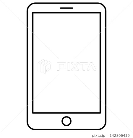 Minimalist black outline icon illustration of a modern smartphone isolated on transparent background. Line art stroke mobile phone device clip art graphic design element for tech assets. 142806439