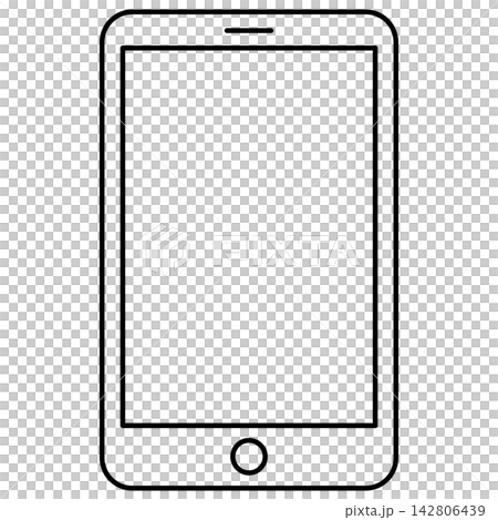 Minimalist black outline icon illustration of a modern smartphone isolated on transparent background. Line art stroke mobile phone device clip art graphic design element for tech assets. 142806439