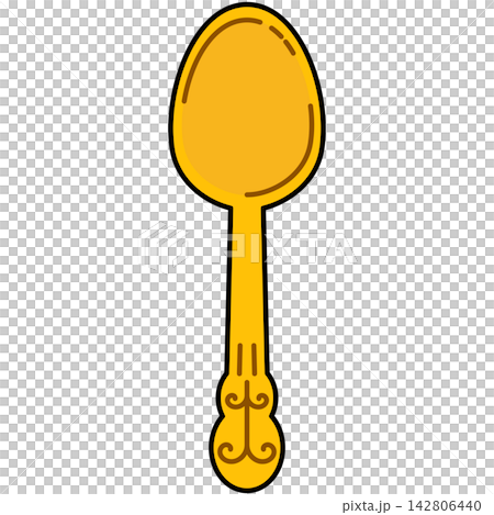 Flat style icon illustration of ornate gold spoon isolated on transparent background. Graphic design element clip art for luxury dining silverware assets. Flat style icon illustration of ornate gold spoon isolated on transparent background. Graphic design element clip art for luxury dining silverware assets. 142806440