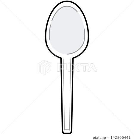Flat style icon illustration of white plastic disposable spoon isolated on transparent background. Graphic design element clip art for takeaway fast food assets. 142806441