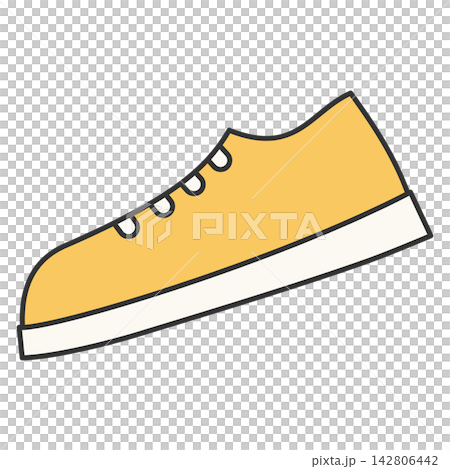 Flat style icon illustration of a yellow casual sneaker shoe isolated on transparent background. Colorful graphic design element clip art for footwear fashion assets. Flat style icon illustration of a yellow casual sneaker shoe isolated on transparent background. Colorful graphic design element clip art for footwear fashion assets. 142806442