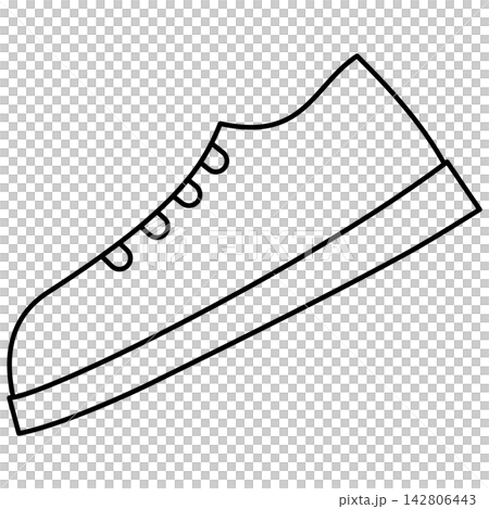 Minimalist black outline icon illustration of a casual sneaker shoe isolated on transparent background. Line art stroke sports footwear clip art graphic design element for fashion assets. 142806443