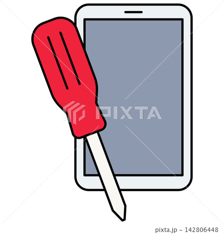 Flat style icon illustration of smartphone with repair screwdriver isolated on transparent background. Graphic design element clip art for mobile service assets. Flat style icon illustration of smartphone with repair screwdriver isolated on transparent background. Graphic design element clip art for mobile service assets. 142806448
