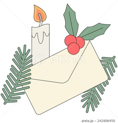 Flat style icon illustration of a Christmas letter envelope with candle isolated on transparent background. Colorful graphic design element clip art for holiday mail assets. Flat style icon illustration of a Christmas letter envelope with candle isolated on transparent background. Colorful graphic design element clip art for holiday mail assets. 142806450