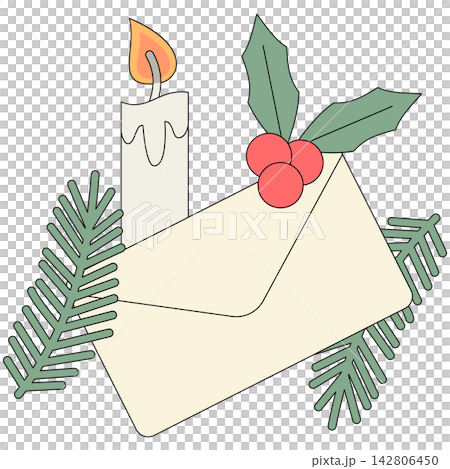Flat style icon illustration of a Christmas letter envelope with candle isolated on transparent background. Colorful graphic design element clip art for holiday mail assets. Flat style icon illustration of a Christmas letter envelope with candle isolated on transparent background. Colorful graphic design element clip art for holiday mail assets. 142806450