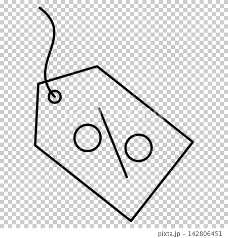 Minimalist black outline icon illustration of a price discount tag isolated on transparent background. Line art stroke sale promo label clip art graphic design element for shopping assets. 142806451