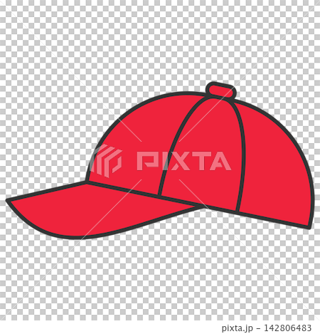 Flat style icon illustration of a red baseball cap isolated on transparent background. Colorful graphic design element clip art for casual headwear fashion assets. 142806483