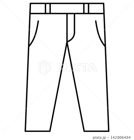 Minimalist black outline icon illustration of long trousers pants isolated on transparent background. Line art stroke mens apparel clothing clip art graphic design element for fashion assets. 142806484