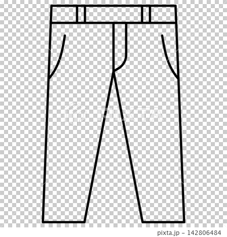Minimalist black outline icon illustration of long trousers pants isolated on transparent background. Line art stroke mens apparel clothing clip art graphic design element for fashion assets. 142806484