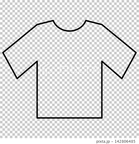 Minimalist black outline icon illustration of a casual t-shirt isolated on transparent background. Line art stroke short sleeve clothing clip art graphic design element for apparel assets. 142806485