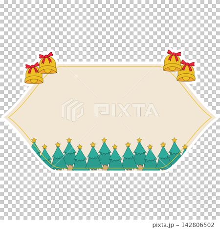 Flat style icon illustration of horizontal Christmas banner with pine trees and bells isolated on transparent background. Colorful graphic design element clip art for text space assets. Flat style icon illustration of horizontal Christmas banner with pine trees and bells isolated on transparent background. Colorful graphic design element clip art for text space assets. 142806502