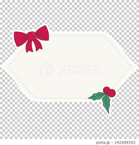 Flat style icon illustration of Christmas label frame with ribbon bow and holly leaves isolated on transparent background. Colorful graphic design element clip art for text assets. Flat style icon illustration of Christmas label frame with ribbon bow and holly leaves isolated on transparent background. Colorful graphic design element clip art for text assets. 142806503