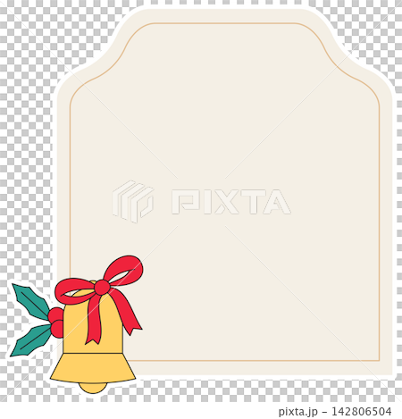 Flat style icon illustration of Christmas card frame with golden bell and red ribbon isolated on transparent background. Colorful graphic design element clip art for text space assets. Flat style icon illustration of Christmas card frame with golden bell and red ribbon isolated on transparent background. Colorful graphic design element clip art for text space assets. 142806504