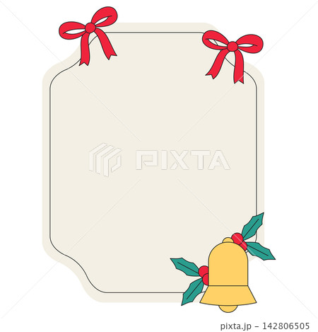 Flat style icon illustration of Christmas frame with red ribbons and jingle bell isolated on transparent background. Colorful graphic design element clip art for text assets. 142806505