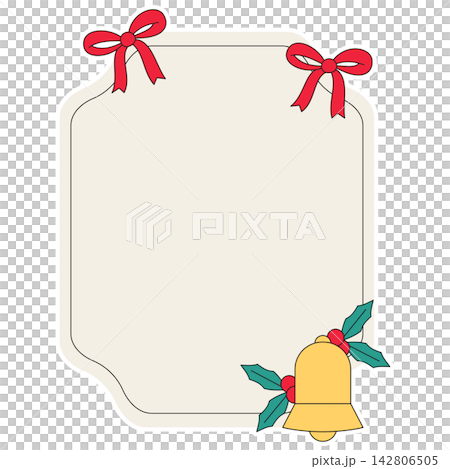 Flat style icon illustration of Christmas frame with red ribbons and jingle bell isolated on transparent background. Colorful graphic design element clip art for text assets. Flat style icon illustration of Christmas frame with red ribbons and jingle bell isolated on transparent background. Colorful graphic design element clip art for text assets. 142806505