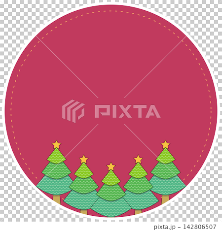 Flat style icon illustration of red circular Christmas frame decorated with pine trees isolated on transparent background. Colorful graphic design element clip art for holiday text assets. Flat style icon illustration of red circular Christmas frame decorated with pine trees isolated on transparent background. Colorful graphic design element clip art for holiday text assets. 142806507