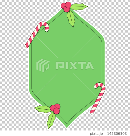 Flat style icon illustration of green Christmas frame with candy canes and holly berries isolated on transparent background. Colorful graphic design element clip art for text space assets. Flat style icon illustration of green Christmas frame with candy canes and holly berries isolated on transparent background. Colorful graphic design element clip art for text space assets. 142806508