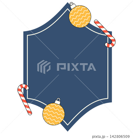 Flat style icon illustration of blue Christmas frame with baubles and candy canes isolated on transparent background. Colorful graphic design element clip art for holiday card assets. 142806509