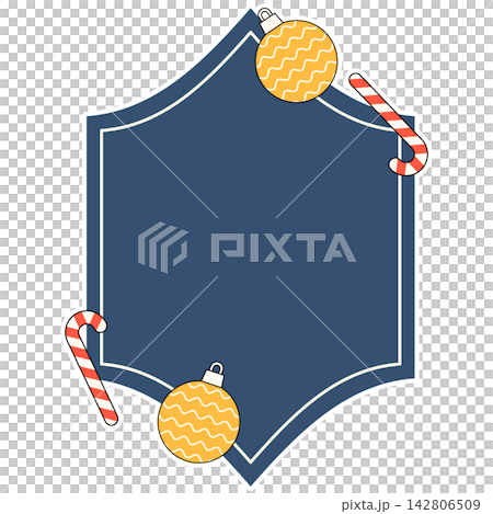 Flat style icon illustration of blue Christmas frame with baubles and candy canes isolated on transparent background. Colorful graphic design element clip art for holiday card assets. Flat style icon illustration of blue Christmas frame with baubles and candy canes isolated on transparent background. Colorful graphic design element clip art for holiday card assets. 142806509