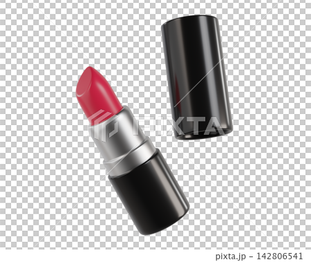 3D Vibrant Red Lipstick isolated on white background. Luxury elegant lipstick case, Beauty makeup cosmetic product. 3d render	 142806541